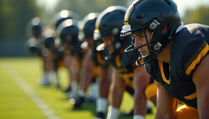 Fototapeta premium American football players in helmets ready to start on field. Team sport competition, quarterback, physical exercise. Athlete with ball prepares to play, guard people recreation attack. Championship