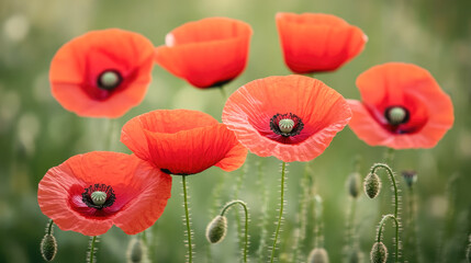 Fototapeta premium Vibrant red poppies blooming in a green field