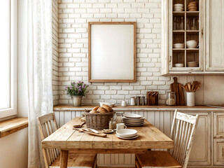 Blank frame for wall art mockup in a cozy farmhouse kitchen with rustic wooden table and bright, airy atmosphere