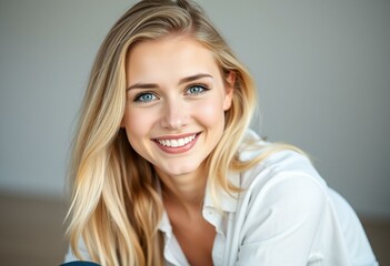 Fototapeta premium Blond Nordic female portrait with relaxed pose and warm smile