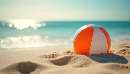 Orange beach ball rests on sand near blue sea. Calm ocean waves on background. Summer vacation at coastline. Relaxing sunny day, beach games and outdoor leisure activity. Summer holiday.