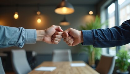 Obraz premium Two unrecognizable people in office setting fist bumping. Concept of agreements in business sphere, partnership, success, teamwork. Corporate meeting with shaking, manager discussing mutual