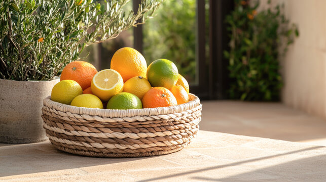Sunny fruit arrangement: lemons, oranges, and limes in a woven basket on sunlit patio