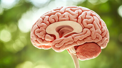 Close-up of human brain model against blurred green background