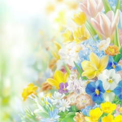 Fototapeta premium A colorful, soft-focus photograph of a variety of blooming flowers in spring. The image captures the beauty of nature and the joyful spirit of springtime with its vibrant colors.