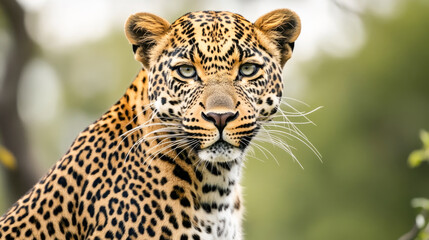 Naklejka premium Close-up of alert leopard in natural habitat with focused gaze