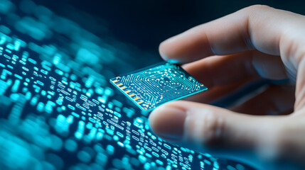 Detailed view of a hand holding a microchip with glowing binary code in the background representing advanced technology and electronic innovation