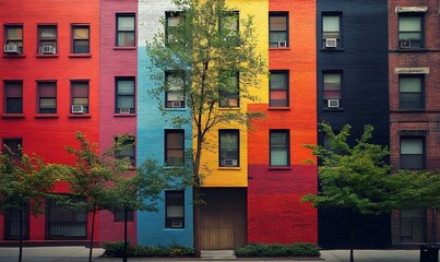 Naklejka premium Colorful Building Facade with Contrasting Hues and Urban Street View