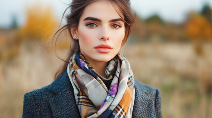 Naklejka premium Young caucasian female in autumn wear with vibrant scarf in rustic setting