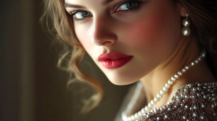 Elegant young caucasian female with pearl jewelry and red lips in glamorous portrait