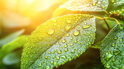 Sunlit dew on vibrant green leaves with fresh morning glow
