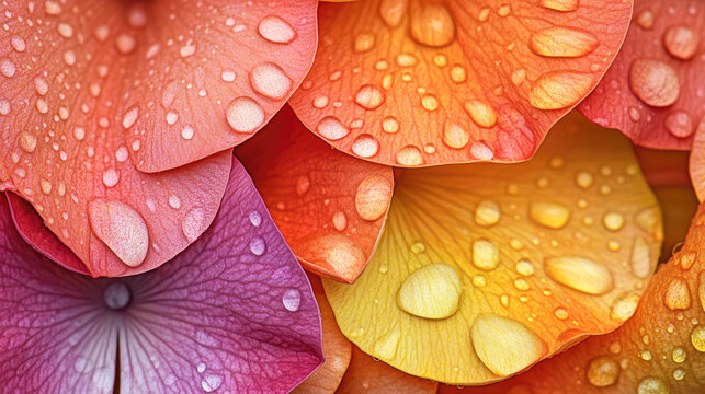 Vibrant hydrangea petals with water droplets in multicolored spectrum close-up