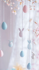 Fototapeta premium Pastel easter garland with hanging eggs and bunnies for festive decoration