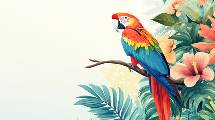 Colorful parrot on branch surrounded by tropical leaves and flowers