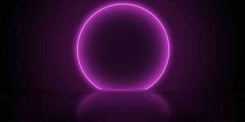Bright purple neon ring on dark purple studio background. Room backdrop with pink circle lights, black stage wall and floor. Abstract pattern for technology show. Modern cars, futuristic.