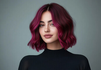 Beautiful Woman with burgundy balayage , hair coloring technique. Beauty model girl with short soft wavy hair . curly hairstyle dye .Fashion, cosmetics and makeup 
