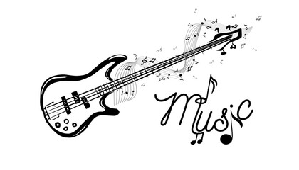Guitar and notes abstract. hand drawing. Not AI. Vector illustration