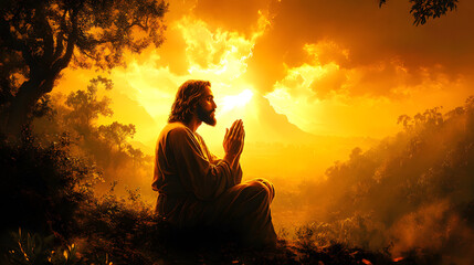 Easter theme, lonely Jesus Christ praying in the Garden of Gethsemane at the evening sunset, religious story 