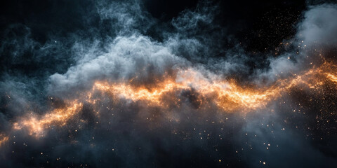 Dark, ominous scene with smoke and explosions indicating a chaotic battle or wartime situation. 
