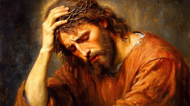 Easter motif, the portrait of Jesus Christ with a crown of thorns on his head, oil painting, crucifixion of jesus christ
