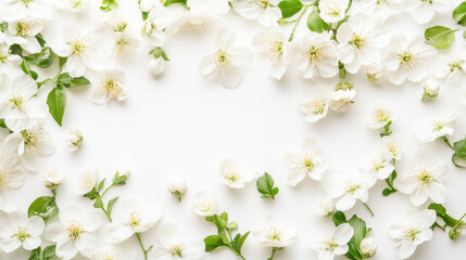Obraz premium White cherry blossom flowers with green leaves on white background