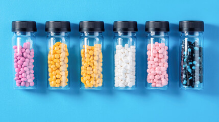 Colorful pills in bottles on blue background