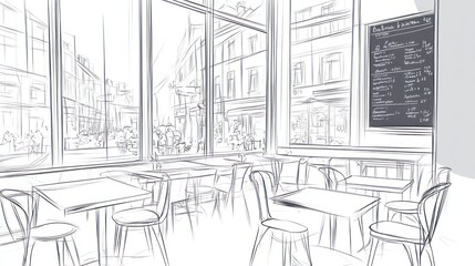 Sketch of cafe interior with city view, for use in design inspiration or educational materials