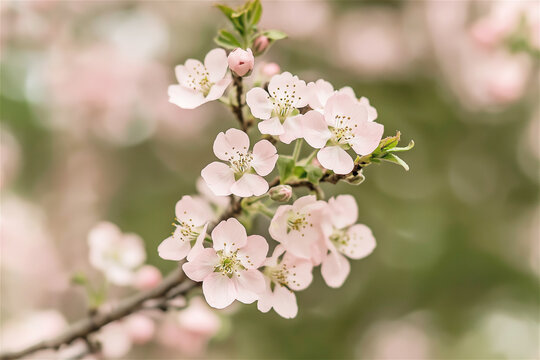 Delicate cherry blossoms in full bloom with a soft focus background. The pale pink flowers symbolize the arrival of spring, evoking feelings of renewal and natural beauty.