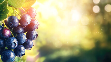 Fresh blueberries on a sunny day with vibrant green leaves