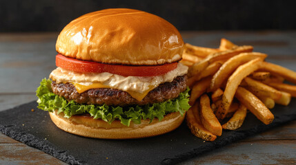 Delicious cheeseburger with lettuce, tomato, and fries on slate plate