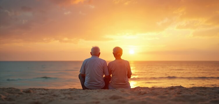 Senior couple sit on sandy beach, look at sea sunset. Elderly meet old age at seaside, enjoy golden sky, calm horizon. Married pensioners relax, bonding each other, spend time together. - Powered by Adobe