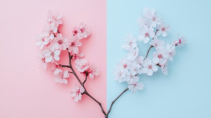 Fototapeta premium Cherry Blossoms and Baby's Breath on Pastel Backgrounds