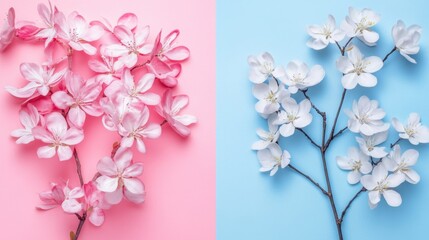 Fototapeta premium Cherry Blossoms and Baby's Breath on Pastel Backgrounds
