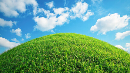 Lush green hill under vibrant blue sky with fluffy clouds