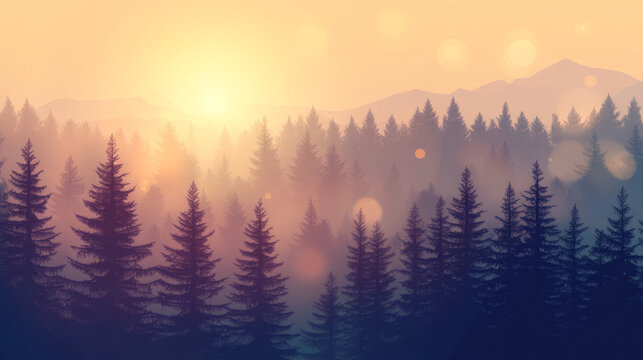 Serene forest at sunrise with misty mountains and pine trees in soft light
