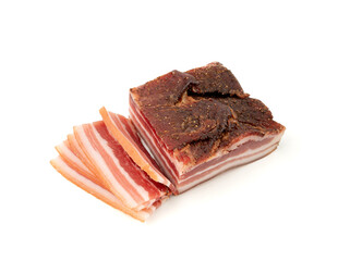 Cured carbonara pork isolated, raw smoked bacon, streaky brisket on white background
