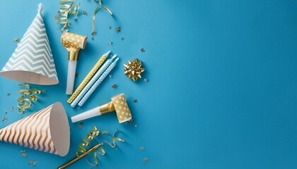 party accessories, caps, blowers and candles on blue background, copy space