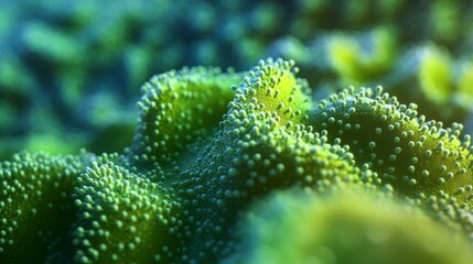 Close-up of vibrant green coral polyps in ocean depths.