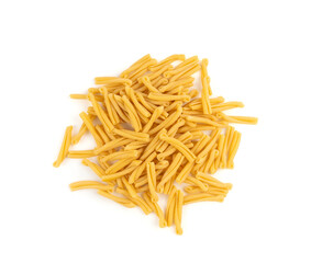 Casarecce pasta isolated, dry traditional macaroni, raw casarecce, wheat noodles, Italy cuisine ingredient