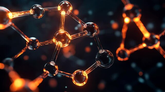 Illuminated carbon chains in a 3d render of organic chemistry reaction and molecular interaction
