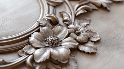 An antique-inspired decorative frame, adorned with hand-painted floral ornaments and an elegant patina finish, artistically arranged on a plain neutral background