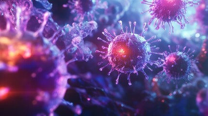 Close-up of vibrant viruses showcasing molecular structures under bright light.
