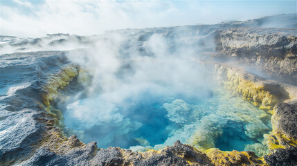 A stunning geothermal landscape with pools of boiling water surrounded by steam and rocks. The scene captures the raw, untamed beauty of nature in action.
