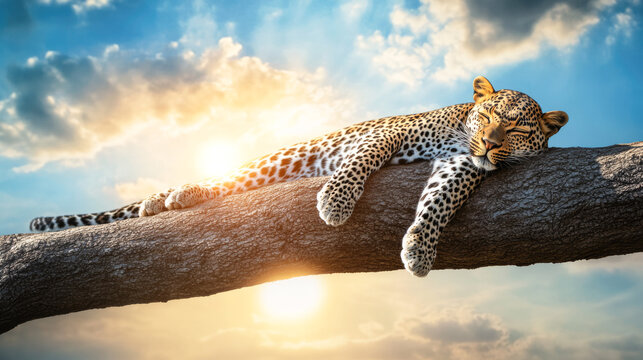 Leopard resting on tree branch against vibrant sunset sky