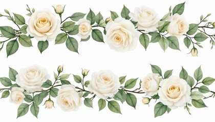 Watercolor set of white rose branches. Floral design, wedding concept on white background. Decoration collection for invitation, universal template, frame, card, poster, celebration, business