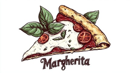 An authentic Italian "Margherita" pizza slice with basil leaves, mozzarella cheese, and tomato sauce, isolated on a white background
