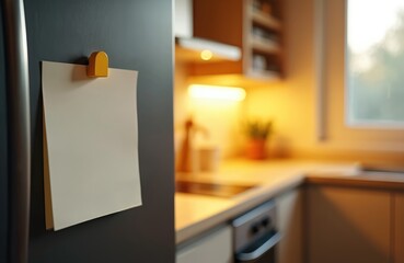 Empty blank sheet with yellow clip attach to refrigerator in kitchen. White paper note mockup, to do list, shopping list with copy space for text, notice or marketing information.