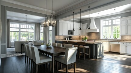 Fototapeta premium Bright and airy kitchen features sleek grey cabinets and a stylish dining table, perfect for cooking and socializing. Sunlight streams through large windows, enhancing the inviting ambiance