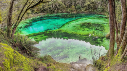 A serene forest scene with a green pond surrounded by moss-covered rocks and lush trees. The tranquil waters reflect the peaceful nature of the environment.