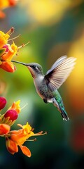Naklejka premium Colorful hummingbird feeding on vibrant flowers in a lush garden setting